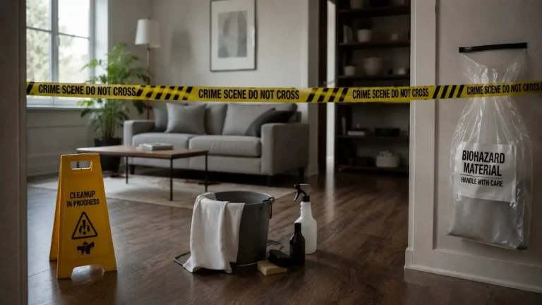 Modern indoor crime scene cleanup setup in a living room with yellow caution tape, cleanup supplies, and biohazard disposal bag, with no people visible.